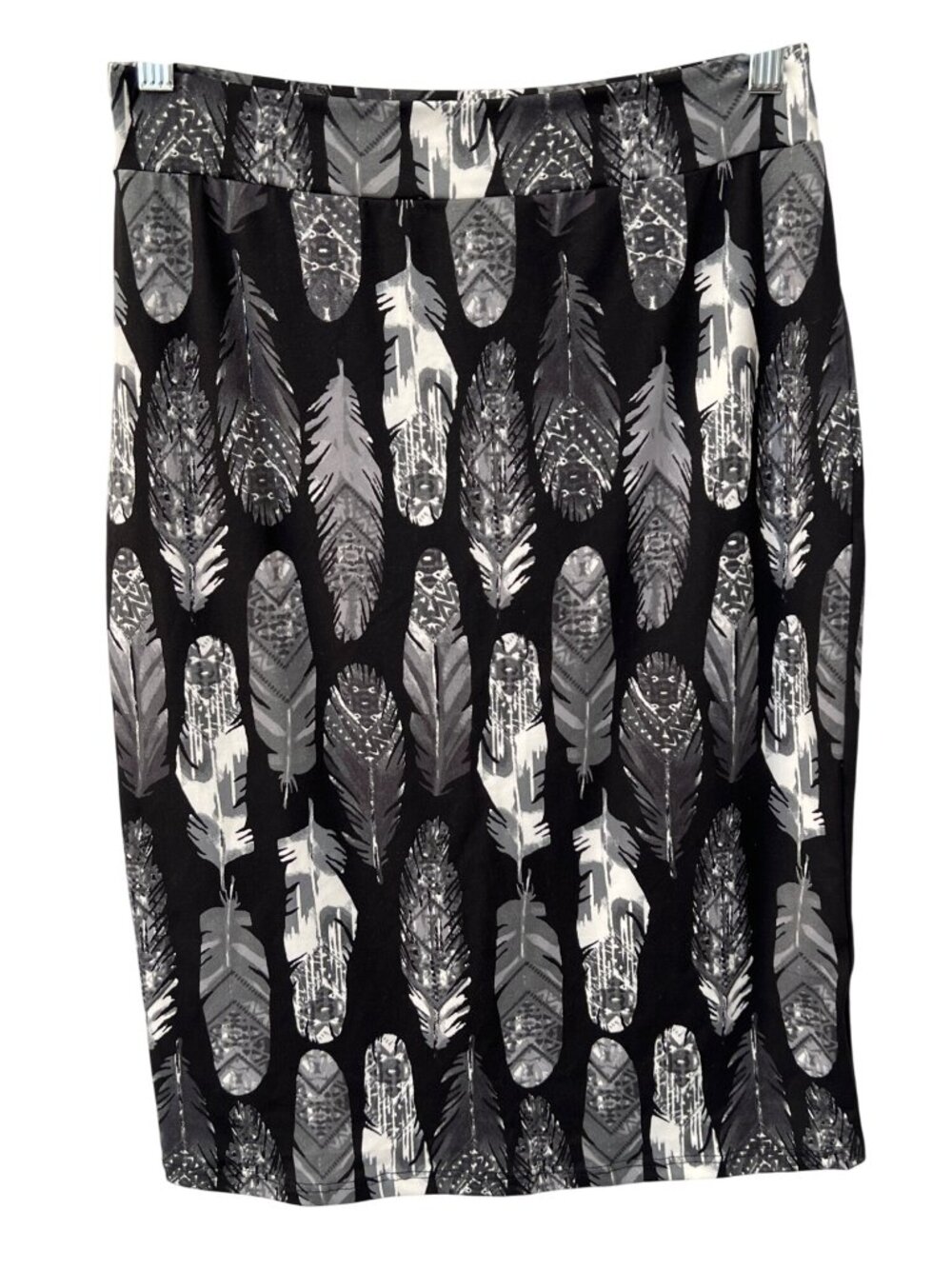 Riah Fashion Pencil Skirt Medium Feather Print Black Career Wear Business Casual